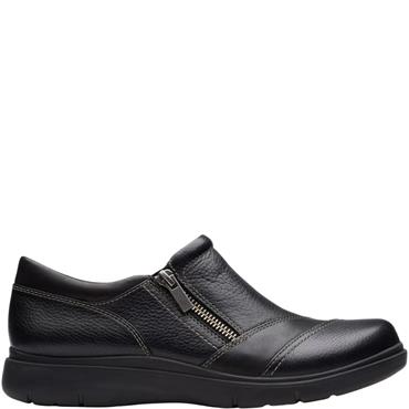 CLARKS WOMENS ZIP COMFORT SHOE - BLACK LEATHER